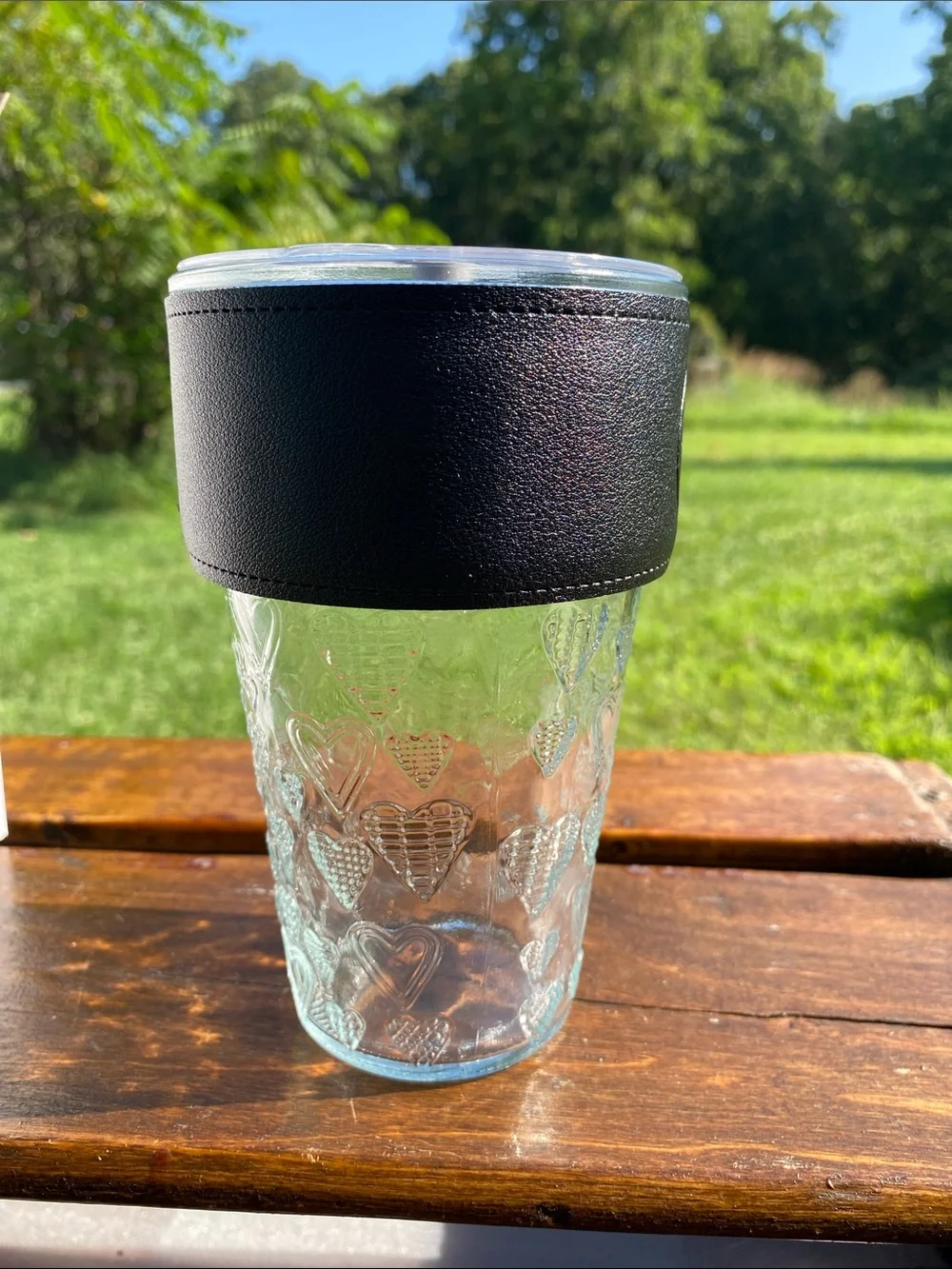 Giant Goods Heart-Embossed Glass Travel Tumbler Faux-Leather Insulating Sleeve